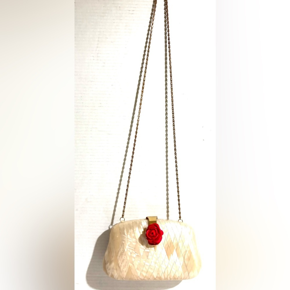 Pearlescent Cream Clutch crossbody with Red Rose Accent and Gold Chain